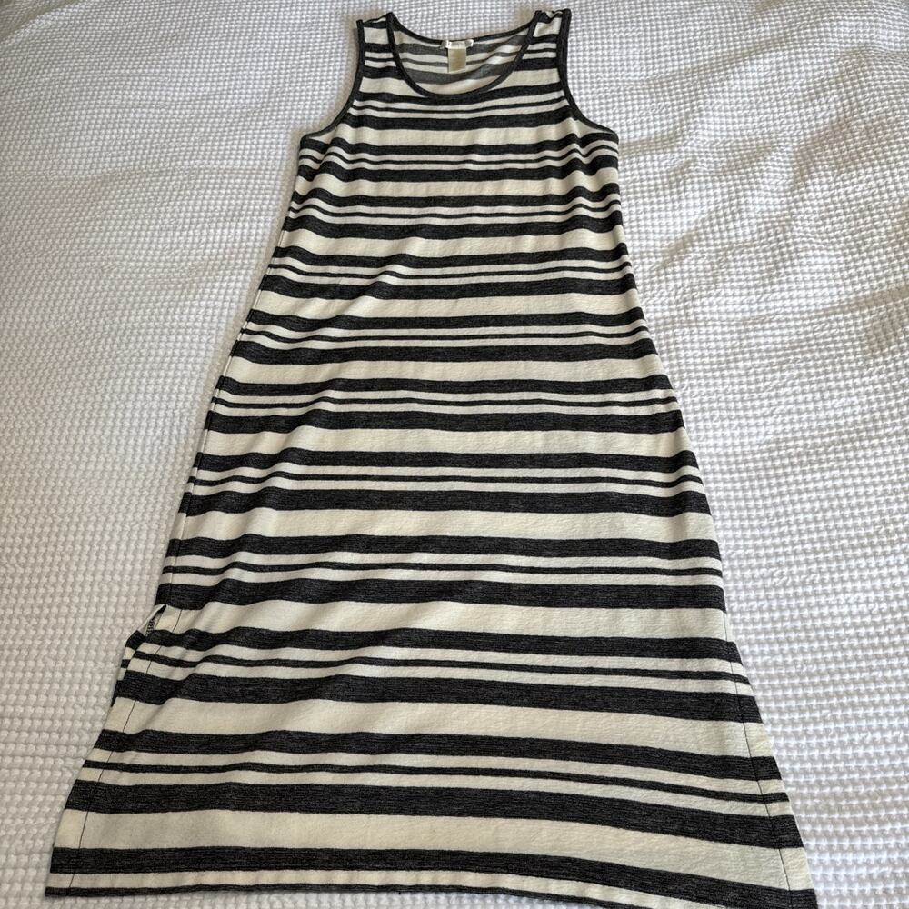 Matty M Tank Dress Womens S Black Ivory Striped Sleeveless Knit Casual Midi EUC